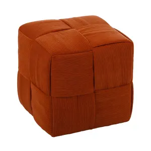 Square Corduroy Ottoman Pouf, Soft Woven Footrest Stool for Living Room, Bedroom & Entryway Modern Cube Ottoman Pouf, Burnt Orange Corduroy Footstool with Woven Design for Home Decor