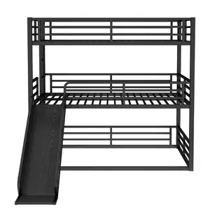 Bunk Bed with Slide, Metal Triple Bunk Bed with Safety Guardrails, Heavy-duty Bunk Bed with Noise-reduced Design, Black