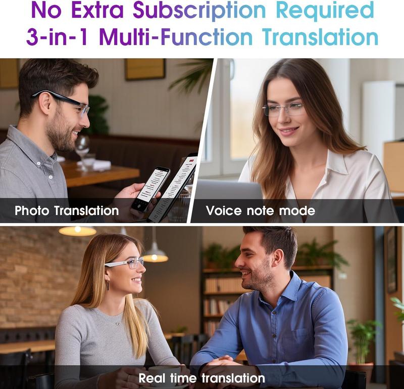 AI Translation Glasses, Bluetooth Eyeglasses with Real-Time Translator for 164 Languages, Photochromic Spring Hinge Bluetooth Glasses with Speakers, Rimless Smart Glasses for Travel/Work/Study(Silver)