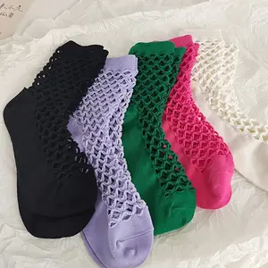 1 Pair Purple Fishnet Socks for Women Breathable Mesh Mid Tube Hole Socks Fashionable Personalized Spring Summer Sports Socks