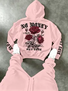 High Street Trendy Men's Hoodie, Drop Shoulder Design, Rose Flower Love Quote Print, Loose-Fit, Long Sleeves, Street Style, Essential for Urban Fashion