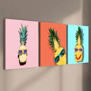 3 count wooden frame canvas, funny smiley pineapple poster, Funny pattern Decoration, Exquisite mural, Stylish bedroom Decoration, Modern home Decoration, Living room and corridor wall Decoration, HD, waterproof, art