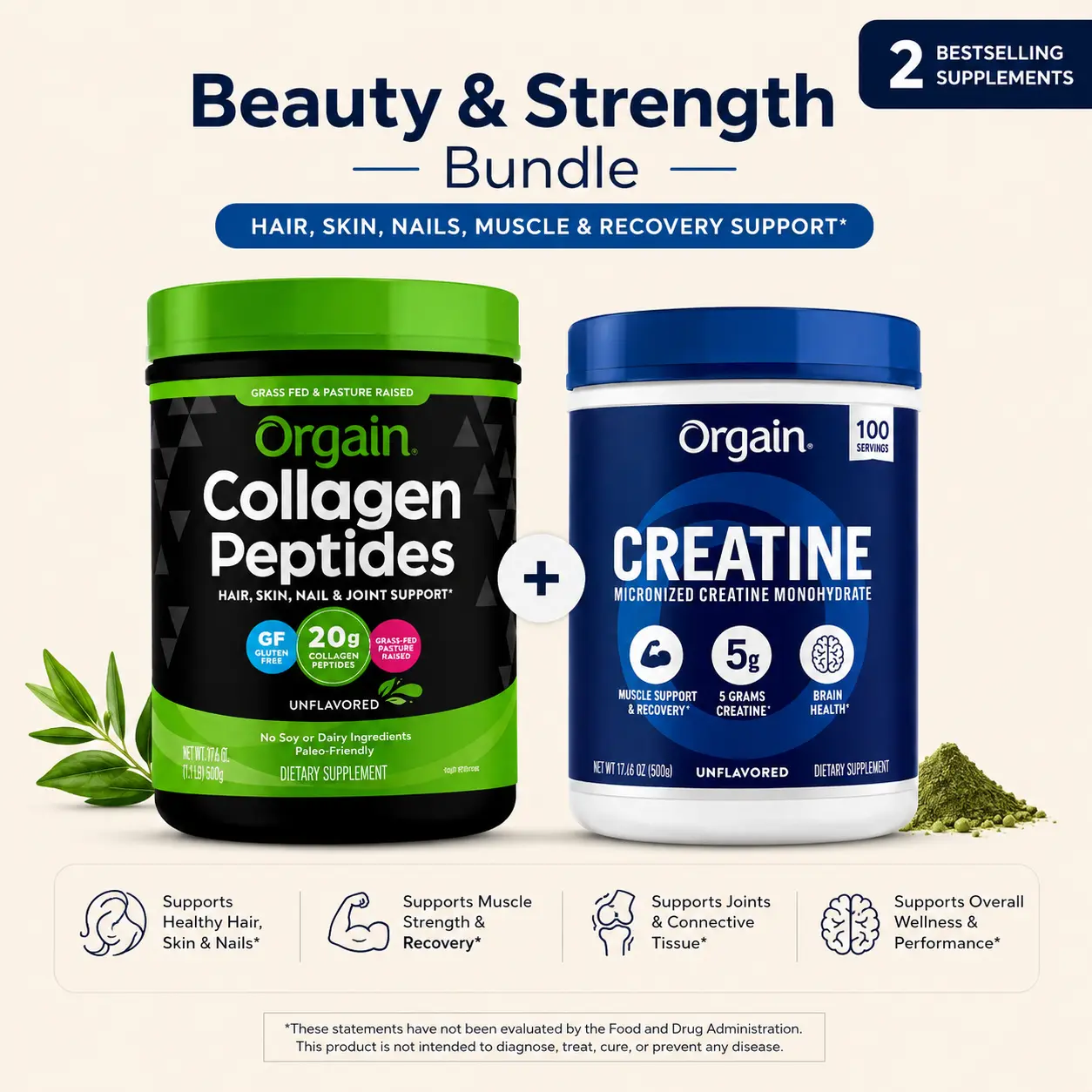 Orgain Ultimate Beauty & Strength Bundle: Hydrolyzed 20g Unflavored Collagen Peptides and 5g Creatine Monohydrate Micronized Powder