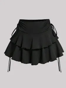 【Plus Size】 Solid Ruffle Trim Skirt, Casual Fashion Short Skirt for Daily Outdoor Wear, Women Plus Clothing for Spring Fall