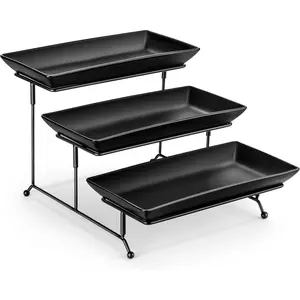 3 Tier Serving Trays for Party, Stoneware Serving Platters and Trays, 12 Inch Tiered Tray Stand, Fruit Tray, Trays for Serving , Black Dessert Stand with Collapsible Sturdier Metal Rack