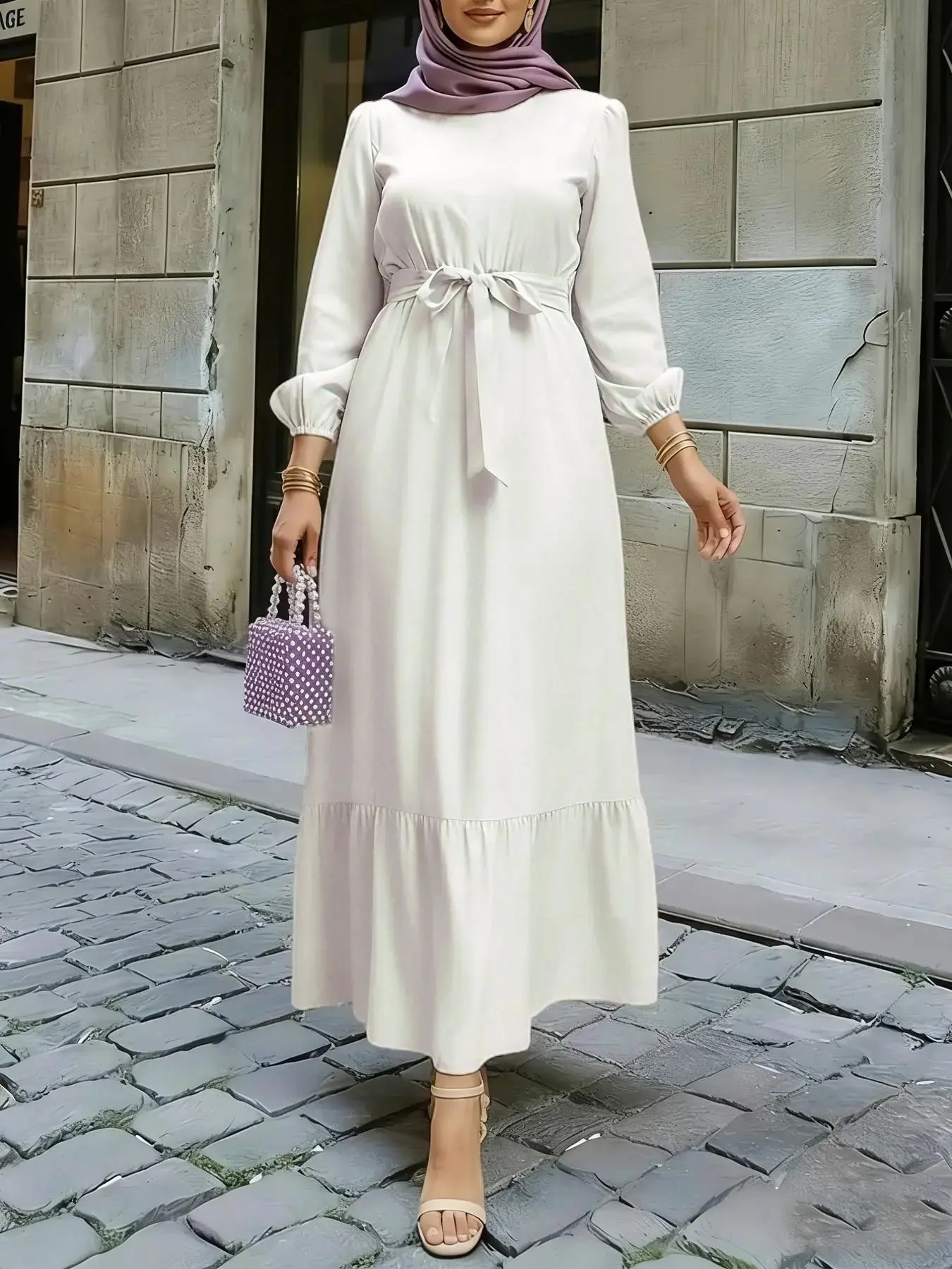 Elegant Women's Floral Print Dress, Elastic Waist Patchwork Hem, European and American Style, New Arrival, Arabic Design, Muslim Dresses