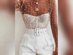 Women's Mesh Top with Rhinestones and Pearls: Embrace the Chic Design for Every Occasion