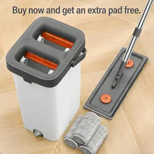 Hands-Free Flat Mop with Wringer Set, 2-in-1 Wet & Dry Floor Cleaner for Home, Windows & Walls. 61-inch Extended Long Handle, includes 3 reusable microfiber pads.