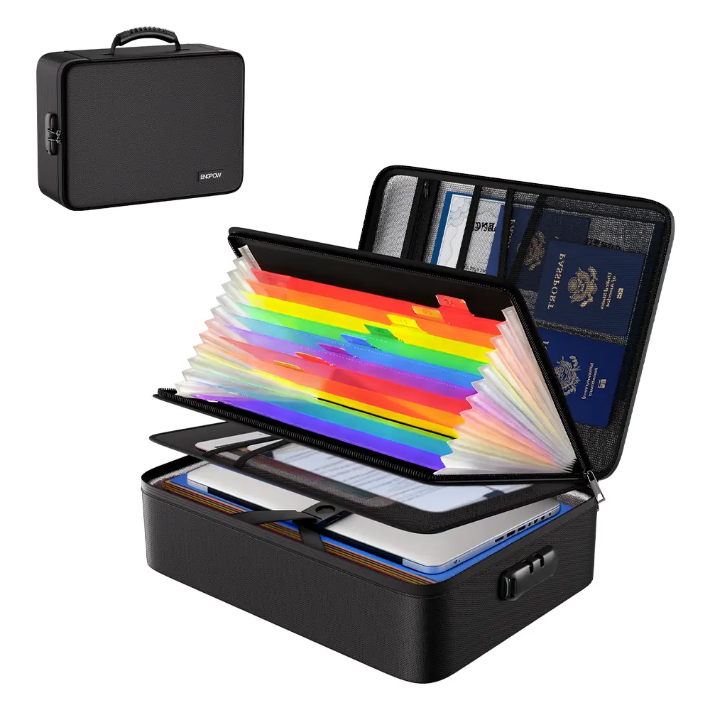 Fireproof File Organizer - Foldable Lockable Rectangular Document Bag with Hidden Glow Strip, 100% Waterproof Zippers Keep Files Dry, 13 Color-Coded Pockets, Quick Laptop-Fit Holder, Lockable Guards for Remote Workers Home Office Storage Protection