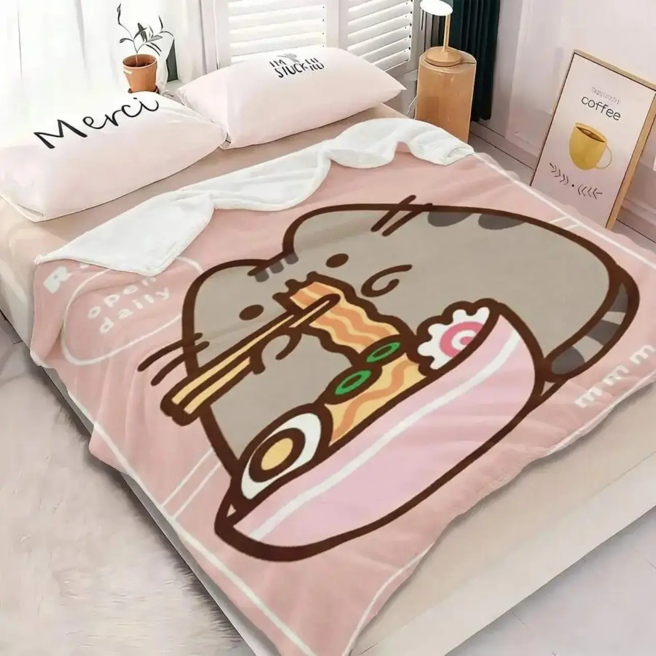 Pusheen Ramen Cat Throw Blanket, Cute Kawaii Cartoon Kitty Noodle Bowl Soft Cozy Plush Bed Blanket, Lightweight Warm Blankets for Kids Bedroom Decor, Couch Sofa Living Room, Birthday Gifts for Girls and Cat Fans