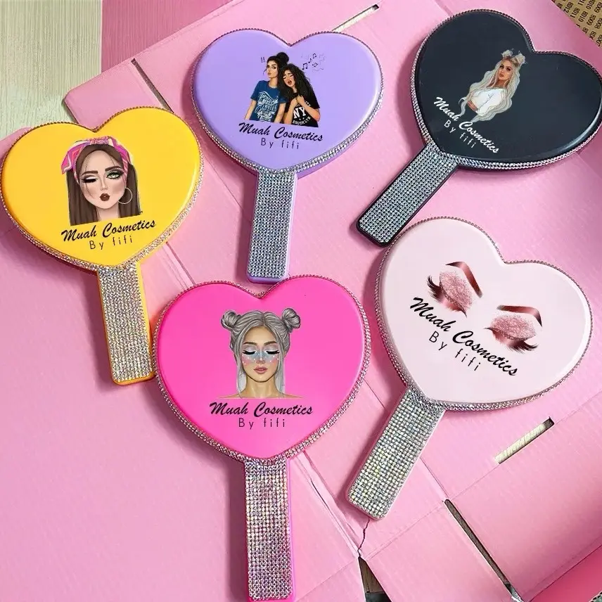 Muah Cosmetics Glitter Rhinestone Makeup Mirror with Handle Heart-Shaped Design Sparkly Glamour Portable for Touch-Ups