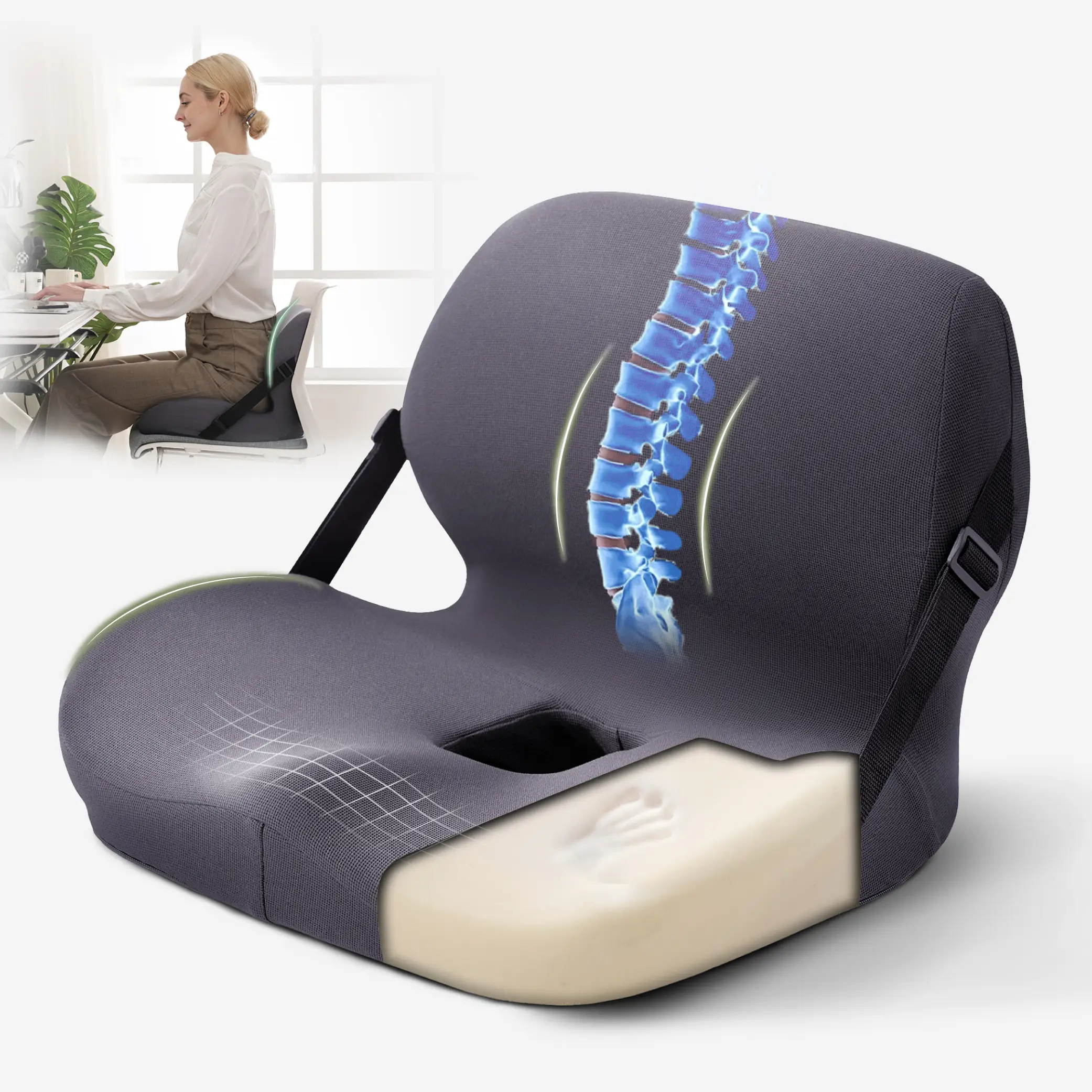 Non-Slip Memory Foam Seat Cushion with Back Support – Ergonomic, Skin-Friendly, Breathable Mesh, Washable Cover, for Office, Car, Home & Outdoor Use