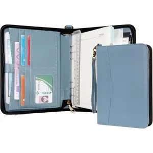 Portfolio A5 Binder Journal with Zipper - PU Leather Writing Notebook Padfolio with Detachable Refillable Notebook, Legal Pad for Business Study and Travel Organizer (Misty blue)