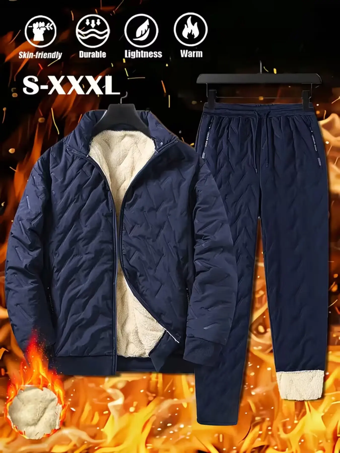 Men's Fleece Lined Thick Winter Sports Suit, Two-Piece Casual Jacket and Pants Set, Sweatsuit Matching Set, Warm and Waterproof Outdoor, Athleisure Tracksuit Set