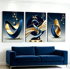 Modern Abstract Framed Canvas Wall Art Set - 3-Piece Blue & Gold Geometric Pattern Artwork, Waterproof HD Artistic Decoration for Living Room, Corridor