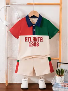 Boys' Summer Fashion Short Sleeve Shorts Set, Block Polo Shirt, Breathable Lightweight for Daily Wear