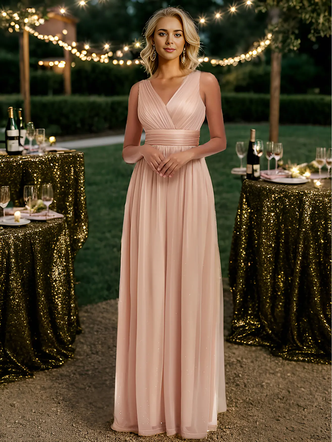 Ever-Pretty  dress Sequin V-Neck Backless Maxi Dress - Flowy & Figure-Flattering for Wedding Guests and Formal Events - Green yellow  dress basque  waist  wedding  dress 07764