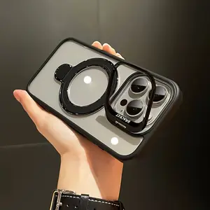 Metal Lens Dual Stand Transparent Magnetic Phone Case Compatible with iPhone 16 15 14 13 12 11 Pro Max Plus, with Lens Protector