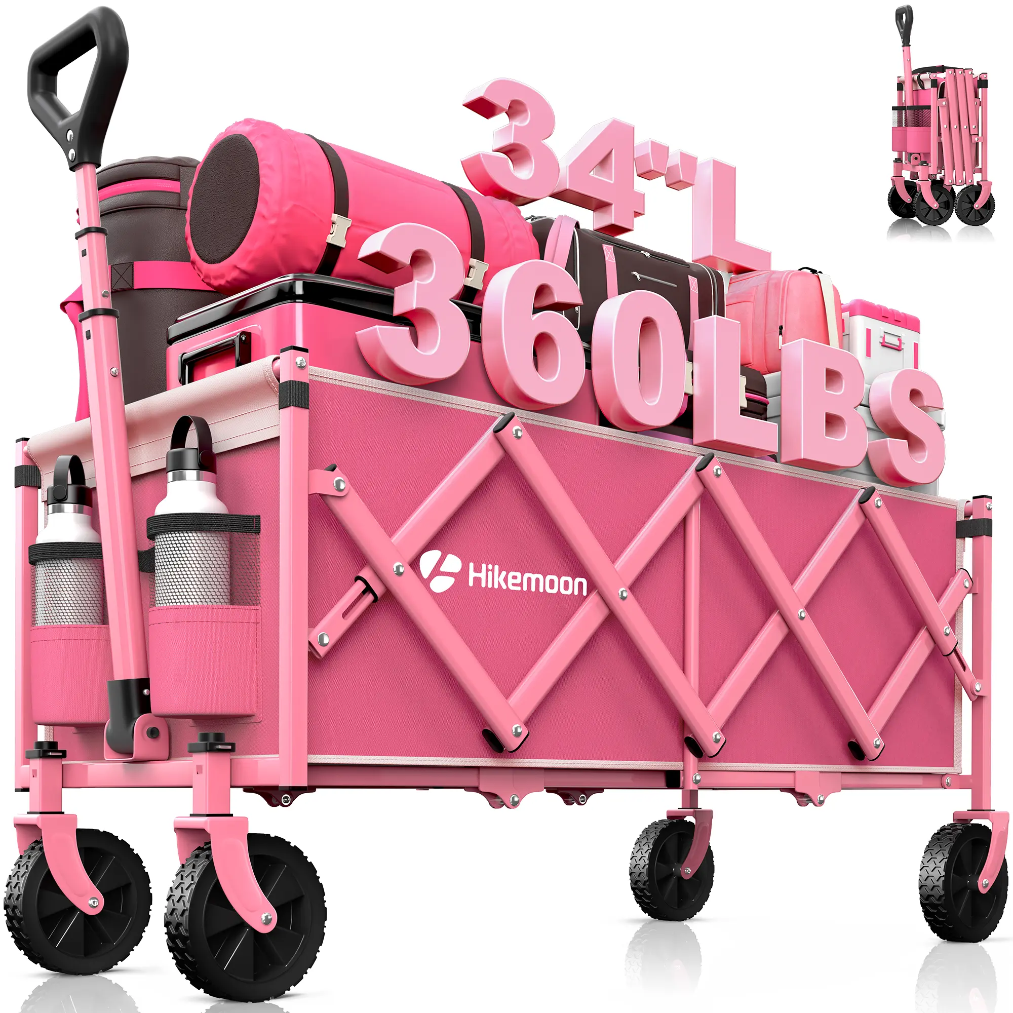 Heavy-Duty Collapsible Wagon Cart Foldable - 34-in Extra Long Trolley, 360LBS Capacity, 360-Degree Wheels, Portable for Grocery, Camping (Black) Folding Wagon Cart Folding Rolling Cart