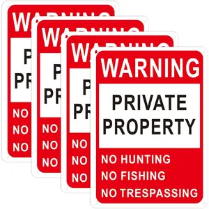 2D falt metal Tin sign Yard Sign 4 Pcs Posted No Trespassing Signs Private Property 12*8Inch Weatherproof No Hunting Signs Reflective Red Black White Aluminum Posted Sign for Warning Hunting Fishing Trapping(Aluminum Nameplate)