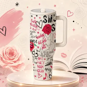 1 Pc 40oz Insulated Mug With Handle And Straw Lid, Double Wall Vacuum Cup, Leak Proof Large Capacity Thermal Mug, Keeps Hot 12 Hours Cold 24 Hours, Smut Book Club Dark Rose Heart Print, Gift For Women Men, Valentine Holiday Car Cup, Tumbler