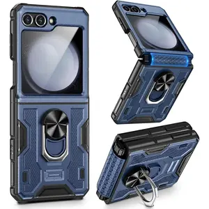 F-PCS35  for Galaxy Z Flip 5 Case, Samsung Z Flip 5 case with Screen Protector & Hinge Protection, 360° Ring Kickstand, Full Body Protective Cover Case for Samsung Flip 5 2023 - Navy Blue