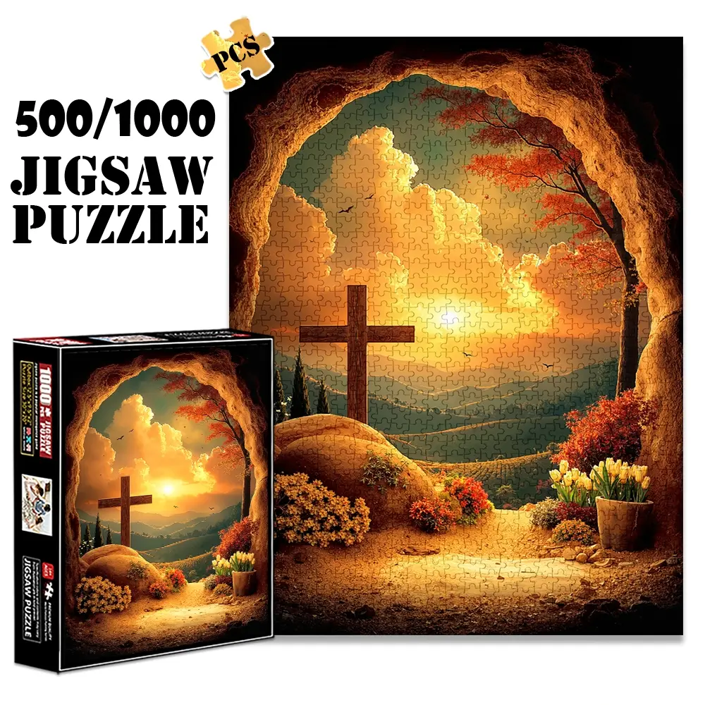1pc 1000 piece adult puzzle 70x50cm Cross in Scenic Landscape with Cave, Flowers and Sunset 500 pieces paper jigsaw puzzle suitable for DIY creative games for adults and families, birthday and holi