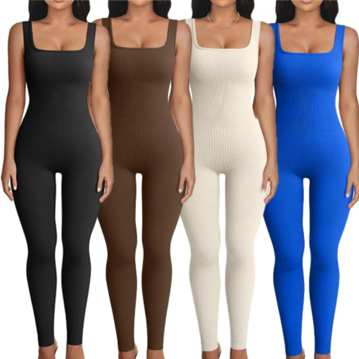 Women's One Piece Jumpsuits Seamless Ribbed Square Neck Yoga Workout Sleeveless Rompers Jumpsuits