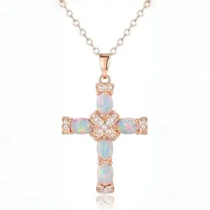 18K Gold Plated Created Opal Cross with Chain, 18 Inches with 2 Inches Extension | 18 Inches, 2 Inches Extension