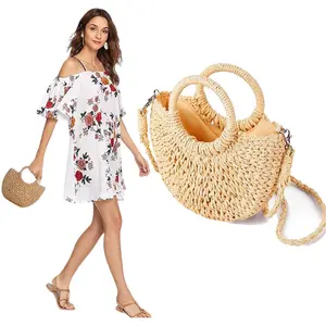 Women's Fashionable Straw Woven Shoulder Bag, Casual Summer Bag Straw Crossbody Bag Mini Travel Shoulder Bag Handmade Straw Tote Bag