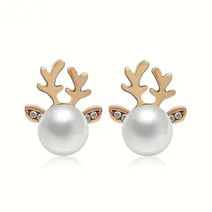 Elegant Christmas Antler Ear Stud Earrings - Titanium Alloy, Faux Gemstones & Rhinestones, Statement Stud Earrings, Perfect for Holiday Parties