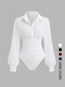 Women's solid color slim-fit V-neck long-sleeved shirt jumpsuit, elegant woven fabric, slim fit, suitable for all seasons, and can be layered flexibly Bodysuits