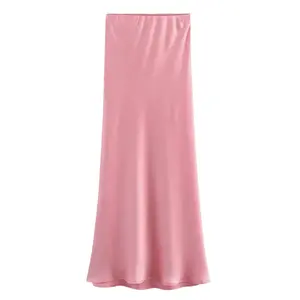 Ladies Solid Color Satin Midi Skirt - Light Pink