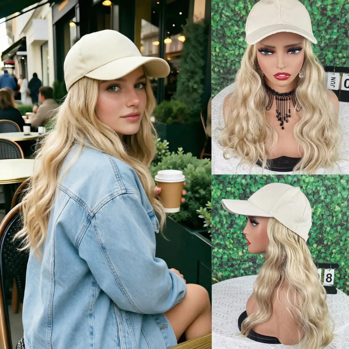 Women's 20-in Blonde Wave Synthetic Hat Wig with Attached Baseball Cap, Heat-Resistant No-Glue Hairpiece, Natural-Looking Full Machine Wig for Beginner (Cap Included), Baseball Caps
