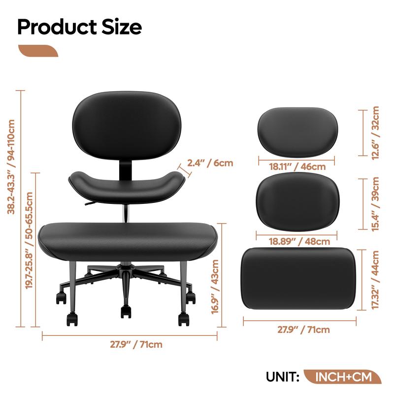 Pinmoco Curved-Shape Ergonomic Cross Legged Swivel Chair, Adjustable Height and PU Leather, Meditation Chair with Back Support, Home and Office