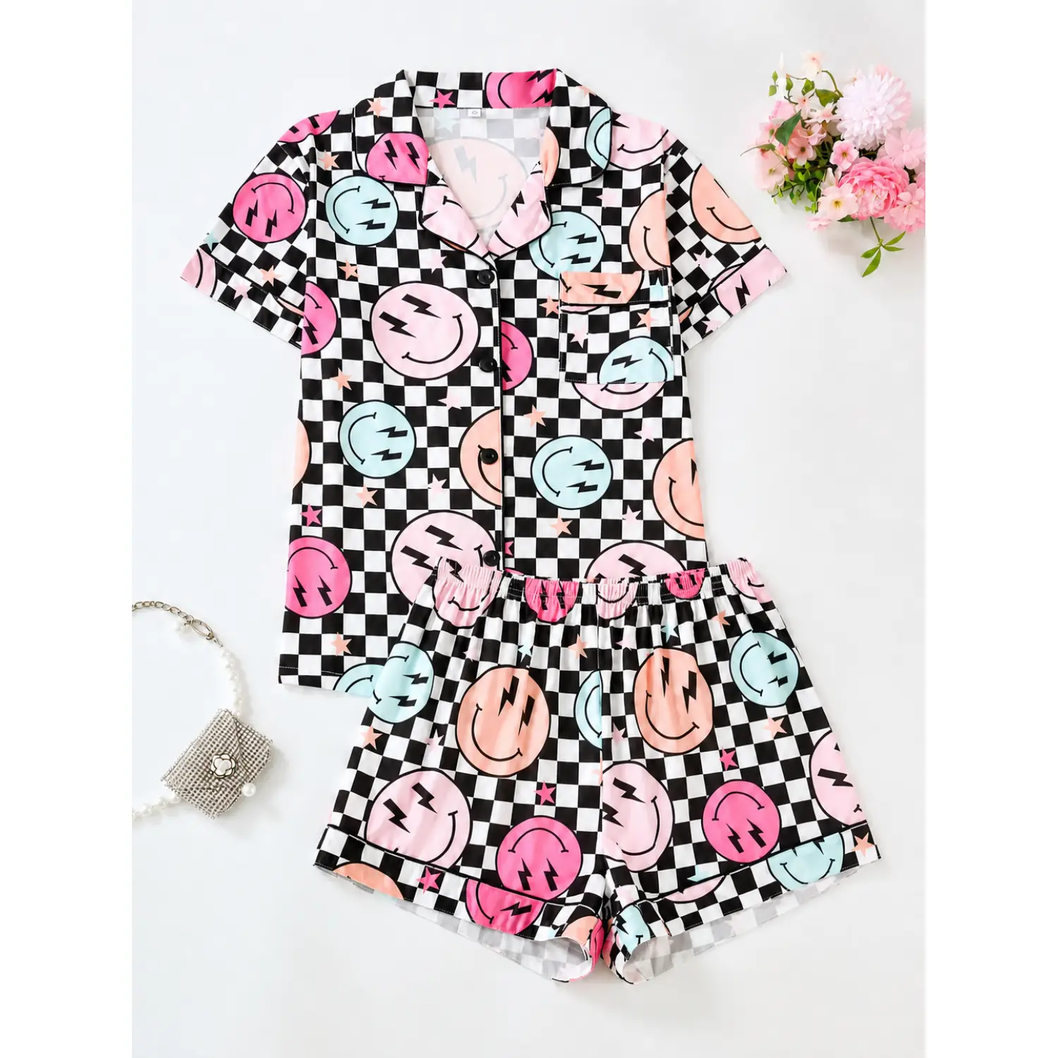 Women's Sleepwear Set - Smiley Face Print Pajamas, Lapel Button Short Sleeve Top & Elastic Waist Shorts, Casual Chic Nightwear