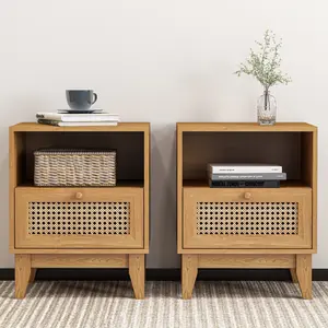Topwin Modern Rattan Nightstand Set of 2 with End Table Drawer for Bedroom, Entryway, and Hallway Furniture Organization - Minimal Wood Storage Home