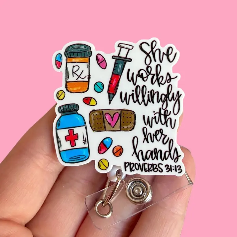 Glitter My Badge She works willingly with her hands badge reel for nurse and hospital workers. Badge clip Badge pull - Retractable swivel clip with a 360 rotation. Great gift for coworker.