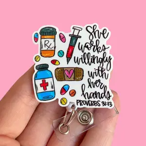 Glitter My Badge She works willingly with her hands badge reel for nurse and hospital workers. Badge clip Badge pull - Retractable swivel clip with a 360 rotation. Great gift for coworker.