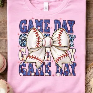Game Day Baseball Bow T-Shirt for Fans - Pink Tee with Bold Lettering and Baseball Design - Perfect for Game Day Events