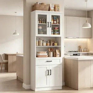 79.7'' Kitchen Pantry Storage Cabinet, Freestanding Kitchen Hutch Cabinet with Tempered Glass Doors & Adjustable Shelves, Display Bookcase for Living Room, Pantry Cabinet for Dining Room furniture