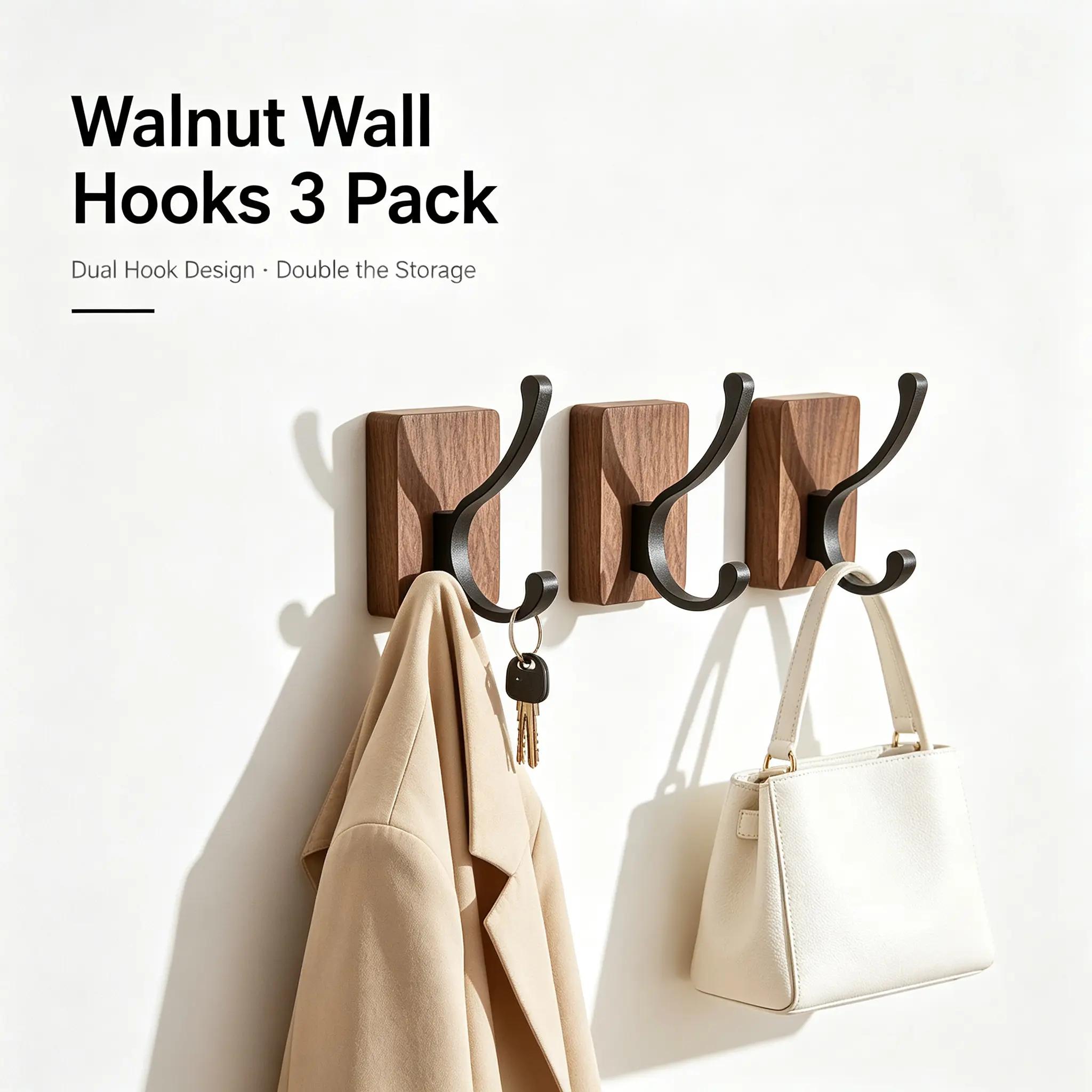 Walnut Wood Wall Hooks 3 Pack, Dual Hook Solid Walnut Coat Hooks, Heavy Duty Aluminum Alloy Double Wall Mount Hook for Entryway, Bedroom, Bathroom, Hanging Coat Jacket Bag Towel Key, Farmhouse Home Decor
