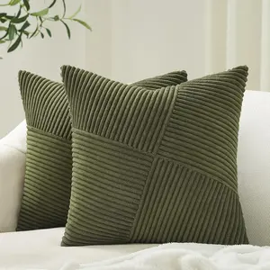 2 Olive Green Decorative Throw Pillow Covers 20x20 Inches for Couch Bed Sofa, Boho Home Decor, Soft Corduroy Striped Patchwork Windmill Textured Cushion 50x50 cm
