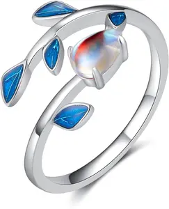 Presentski Moonstone Leaf Ring 925 Sterling Silver Adjustable Open Oval Rainbow Moonstone Blue Enamel Thumb Rings for Girls Wife Girlfriend Mother, Sterling silver, Cubic Zirconia
