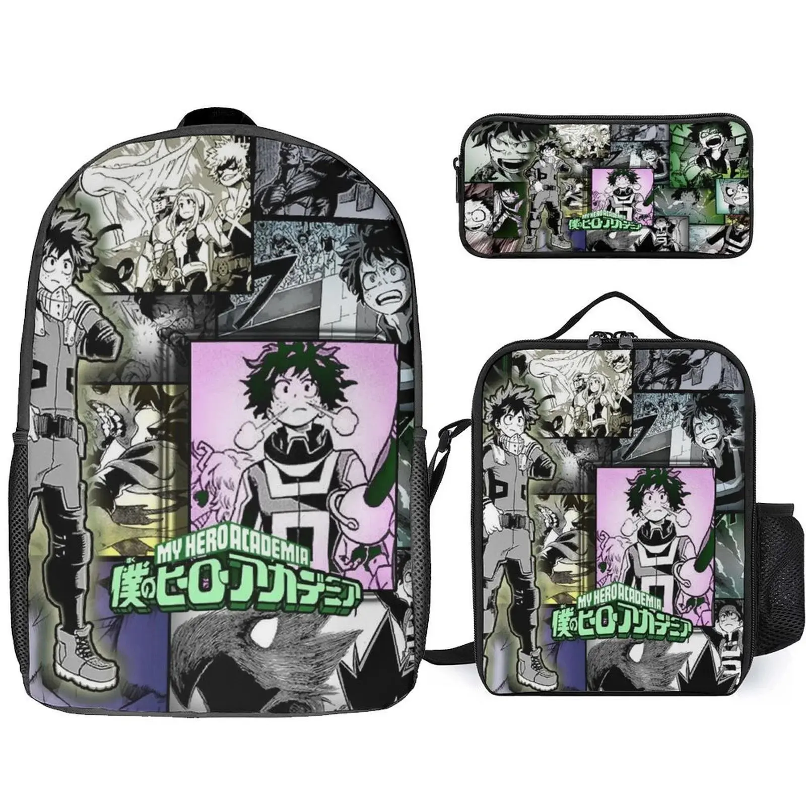 Hero-Academia Izuku Midoriya 3-Piece Synthetic Nylon Set Pack - High-Cap Laptop-Fit Bookbag, Lunch Bag, Pencil Case for Students, Fishing Use (Back to School Essential)