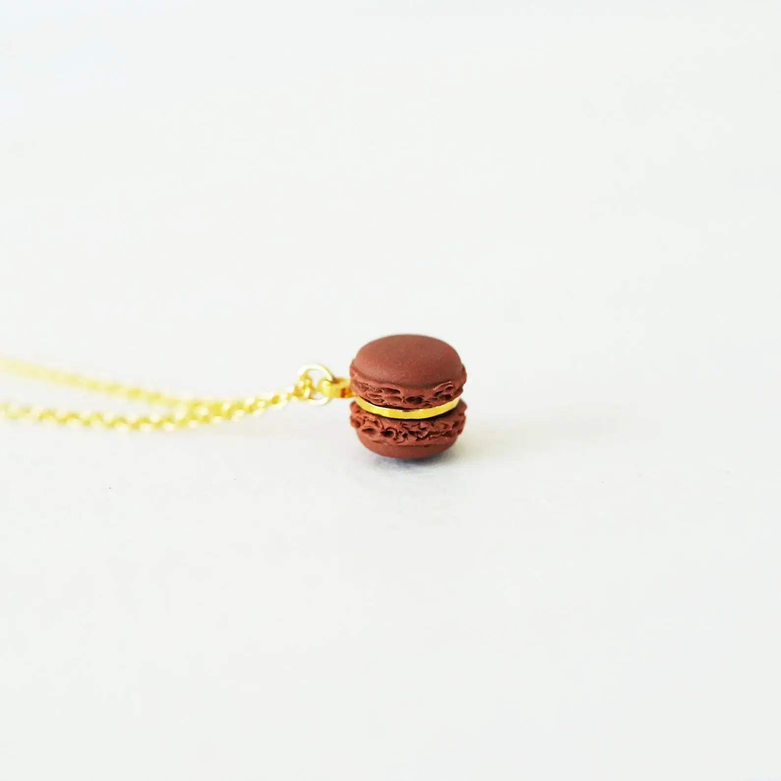 Mini Chocolate Macaron Pendant Necklace Handmade Polymer Clay & Brass 17 Inch Chain Delicate Design Sweet Accessory Gift for Macaron Lovers