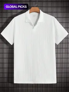 Men's Solid Jacquard Knit Polo Shirt, Regular Fit Casual Short Sleeve Collared Top for Summer, National Day Clothing, Fashion Menswear Men's Clothes for Daily Wear