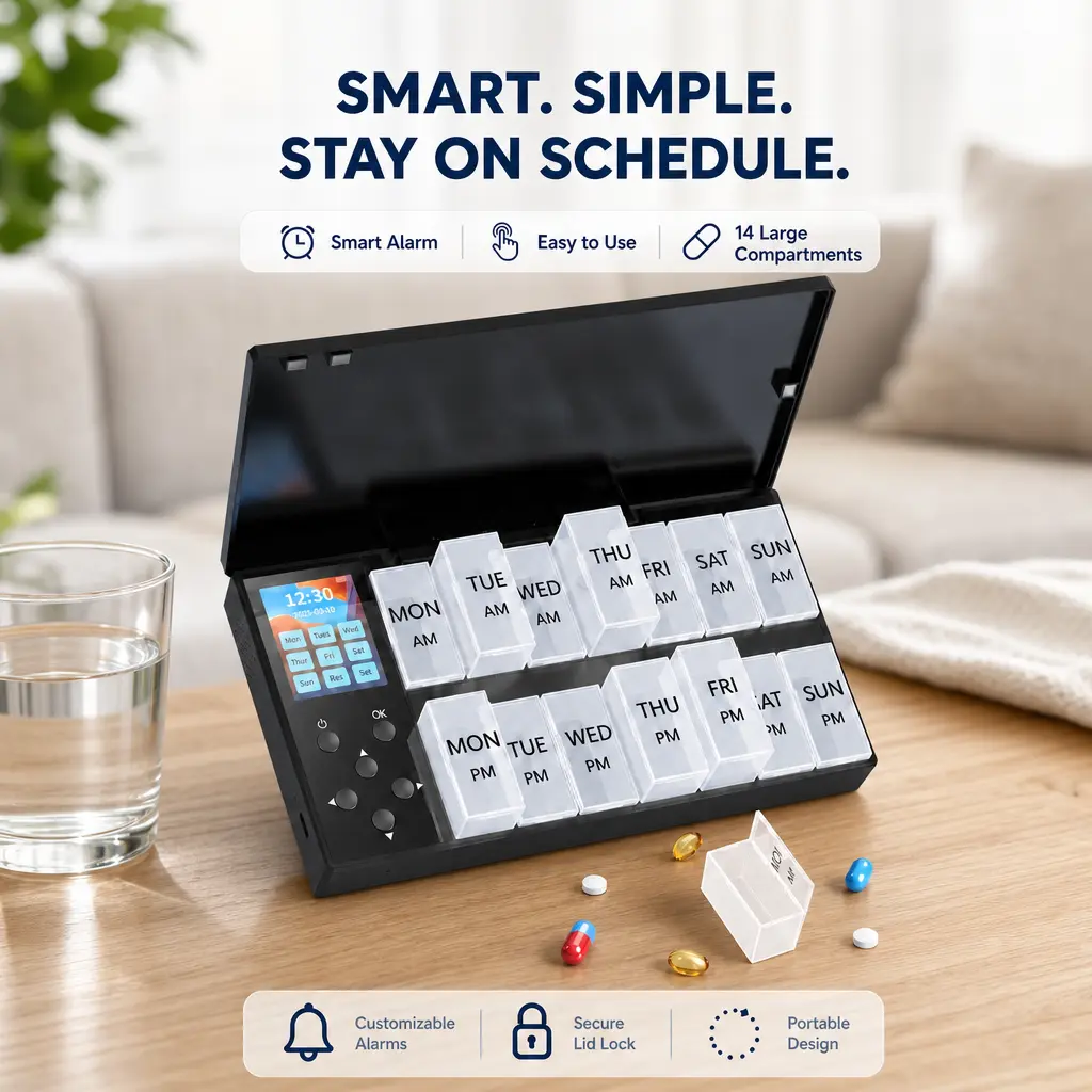 Automatic Pill Organizer with Alarm - Smart 7 Day Pill Box Reminder for Elderly Seniors, Loud Sound & Light, Never Miss Medication
