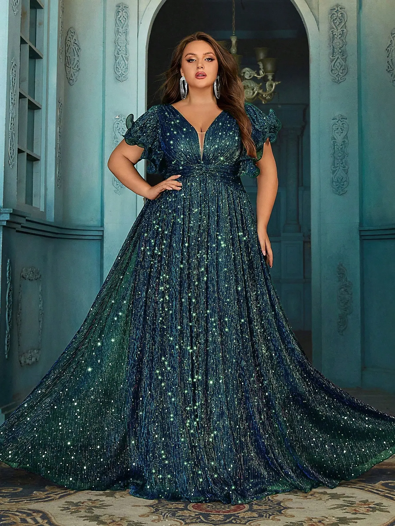 Women's Plus Size Teal Sequin Formal Evening Gown - Deep V-Neck, Ruffle Sleeve, Long Dress for Wedding Guest, Prom, Cocktail Party
