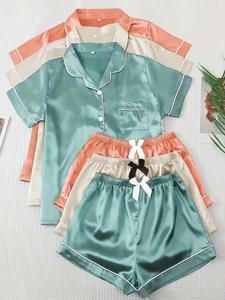 women's solid contrast binding bow decor pajama set, short sleeve button front lapel shirt & shorts pj set, ladies summer sleepwear & loungewear, womenswear